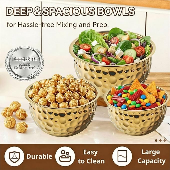 Gold Serving Bowls, Hammered Gold Bowls Set of 3, Large Popcorn Bowl Elegant Snack Bowl Set for Movie Night, Decorative Stainless Steel Salad Bowls for Party & Entertaining (7.2, 4, 2 Qt)