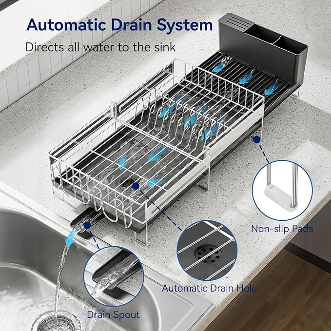 Stainless Steel Dish Drying Rack - Expandable Dish Racks for Kitchen Counter Organizer with Drain Board, Detachable Utensil & Cup Holder, Dish Drainer for Small Kitchen Counter, Black