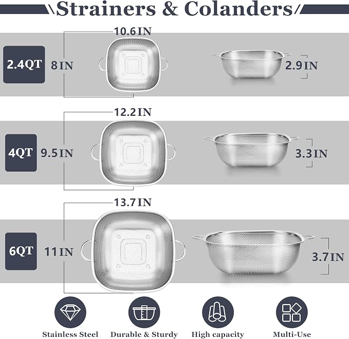 E-far Stainless Steel Colander Set of 3, Square Strainers and Colanders | Metal Kitchen Strainer with Handle for Draining Pasta Vegetable, Micro-Perforated & Elevated Feet, Dishwasher Safe(2.4/4/6QT)