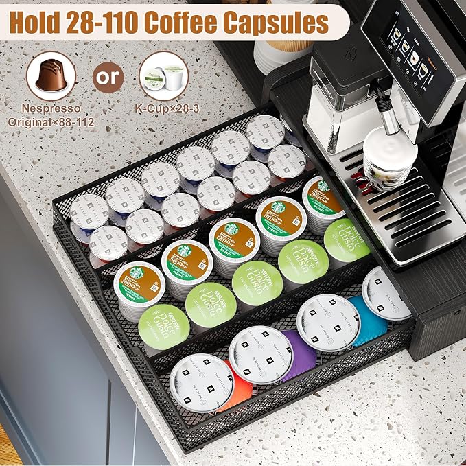 Coffee Station Organizer, 28-Pod K-Cup Holder, Coffee Bar Organizer Black | Coffee Pod Holder Drawer for Countertop,3-Tier Coffee Pod Organizer Stores Pods, Syrups, Cups & Coffee Accessories