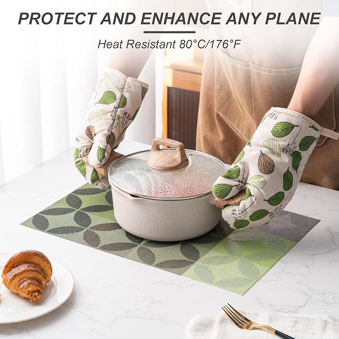 Placemats Set of 4 Washable Indoor(O-Petal Pattern - Green Color Scheme) | Outdoor Vinyl Place Mats for Dining Table Durable Non-Slip Heat Resistant PVC Weave Table Mats