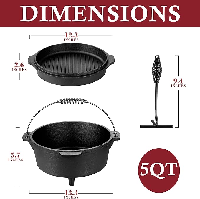 Leonyo 5QT Camping Dutch Oven with Lid Lifter, Pre-Seasoned & Cast Iron | 2-IN-1 Cast Iron Camping Dutch Oven, Heat Conduction & Good Sealing & Heavy Duty
