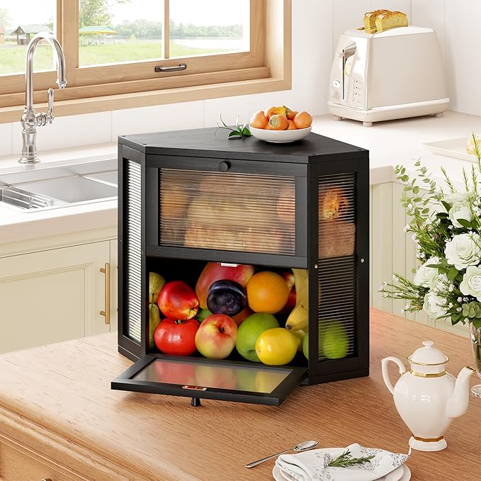 WOWLIVE Double Layer Corner Bread Box for Kitchen Countertop with 2 Doors | Bamboo Bread Storage Container, Large Farmhouse Breadbox with Acrylic Wavy Door, Under Cabinet Organizer, Black, Medium