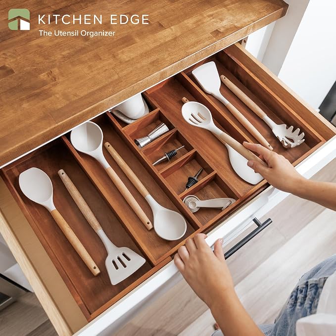 Utensil & Junk Drawer Organizer, 16-28 in, Acacia | Food-safe contract grade, 100% sustainable wood, non-slip, adjustable
