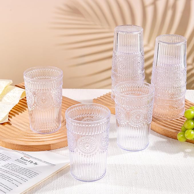 Ciaell 12 Pack Plastic Water Glasses for Parties Dinners | 14 oz Clear Embossed Ribbed Vintage Drinking Cups, Heavy Duty Plastic, Beer Juice Cocktails for Weddings Outdoor Bars