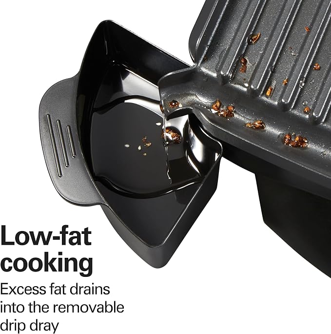 Hamilton Beach Steak Lover's Electric Indoor Searing Grill, Nonstick 100 Square, Stainless Steel (25331), Black and Stainless, Medium | Adjustable Temperature Control To 500° F | Non-Stick PFAS-Free 100 sq. in. Cooking Surface | Black & Stainless Steel