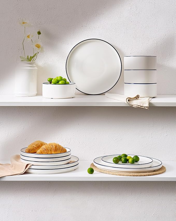 Famiware Porcelain 18-Piece Dinnerware Set, White with Blue Trim | Plates and Bowls for 6, Dishwasher & Microwave Safe, Chip & Scratch Resistant, Ideal for Everyday & Formal Use