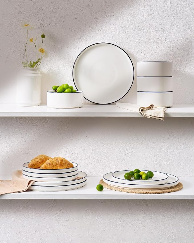 Famiware Porcelain 24-Piece Dinnerware Set, White with Blue Trim | Plates and Bowls for 8, Dishwasher & Microwave Safe, Chip & Scratch Resistant, Ideal for Everyday & Formal Use