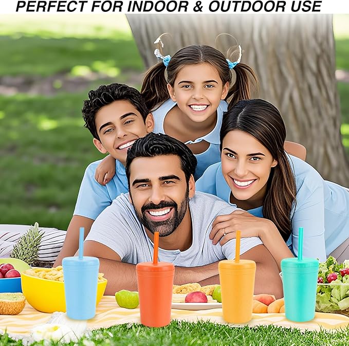 10 oz Wheat Straw Cups with Lids and Silicone Straws,6 Pcs Drinking Glasses | Unbreakable Plastic Cups for Kitchen, Small Tumbler Straw Cups with Cleaning Brush, BPA Free, Dishwasher & Microwave Safe