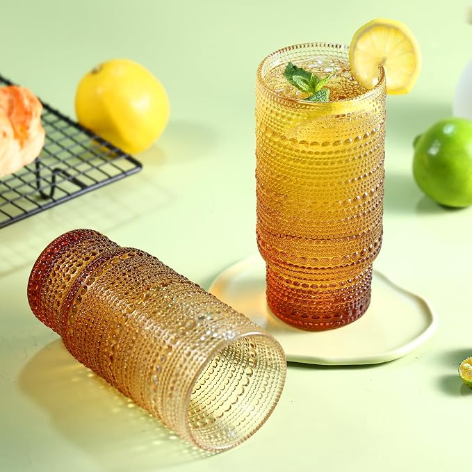 Large Capacity 16 oz Hobnail Drinking Glasses Set of 6, Vintage Glassware Drinking Glasses, Gradual Amber Water Glasses Tumbler, Thanksgiving Cups for Kitchen, Juice, Beer, Cocktail, Whiskey
