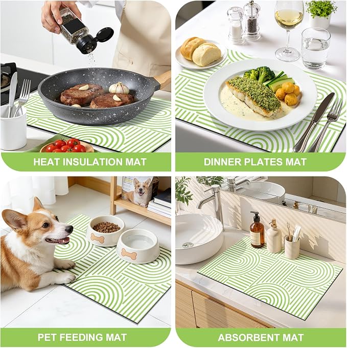 Findosom Dish Drying Mat, 12" x 20" Super Absorbent Dish Mat with Modern Geometric Striped, Hide Stain Drying Mat for Kitchen Counter, Under Dish Rack, Coffee Maker, Espresso Machine, Green & White