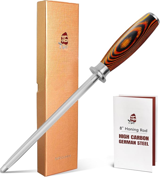 TUO Honing Rod, Sharpening Steel with Larger Diameter for Kitchen Knife Daily Honing Maintenance, High Carbon Steel 8" Knife Sharpener Rod, Ergonomic Handle