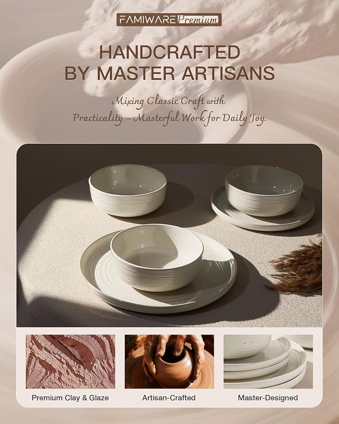 Stoneware Dinnerware Sets for 8, Plates and Bowls, Cream | 24-Piece Ceramic Speckled Spiral Dishes, Chip & Scratch Resistant, Microwave & Dishwasher Safe, Everyday Use, Farmhouse Style