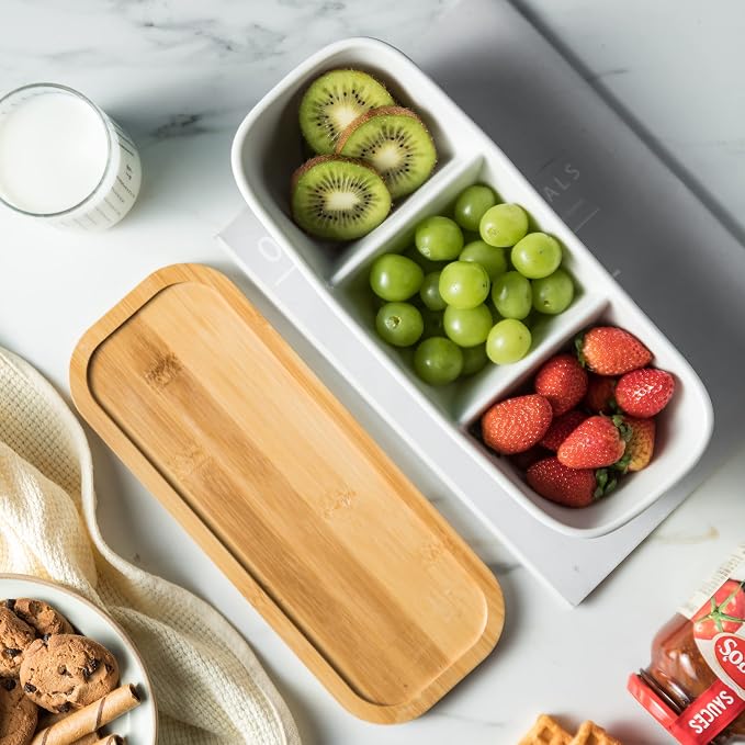 Miamolo Chip and Dip Set Bowl with Divided Serving Tray, Hosting Essentials | Acacia Wood Tray, Ceramic Serving Bowls | Condiment Tray for Dipping Sauces, Party | Kitchen Counter Decor, Microwave Safe