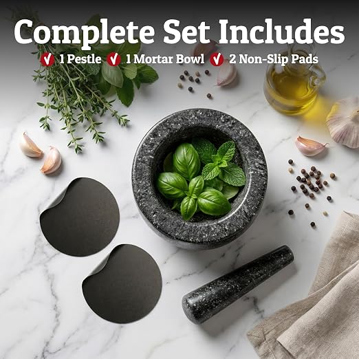 Heavy Duty Large 4 Cup Mortar and Pestle Set, 100% Natural Granite, 7 Inch Diameter Bowl, 7.2 Inch Pestle, Non-Slip Base, Stone Grinder for Guacamole Salsa Pesto Herbs Spices, Black