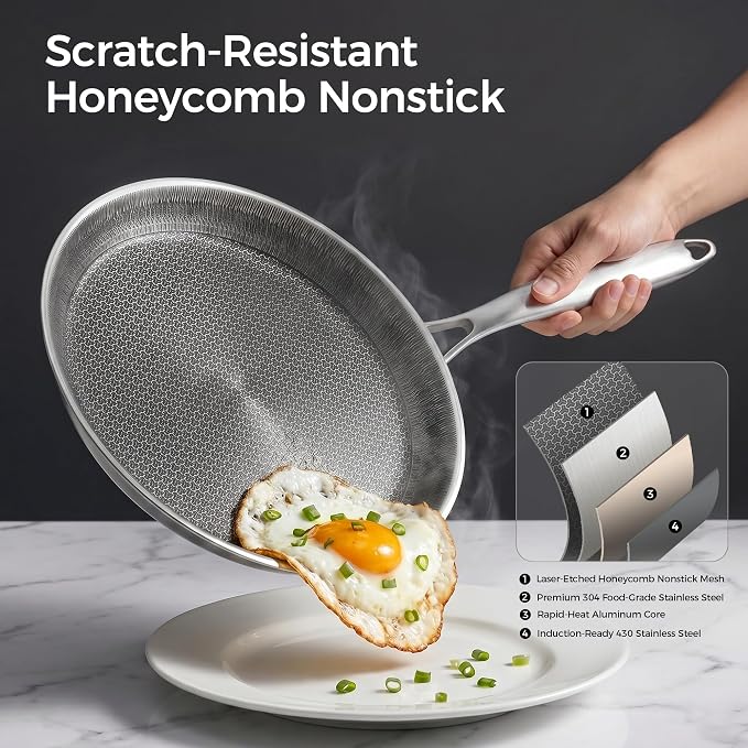 Stainless Steel Crepe Pan Honeycomb Nonstick Griddle Skillet | Premium Hybrid Cookware for Tortillas, Flatbreads and Omelets. Gas, Electric and Induction Stovetops Compatible.