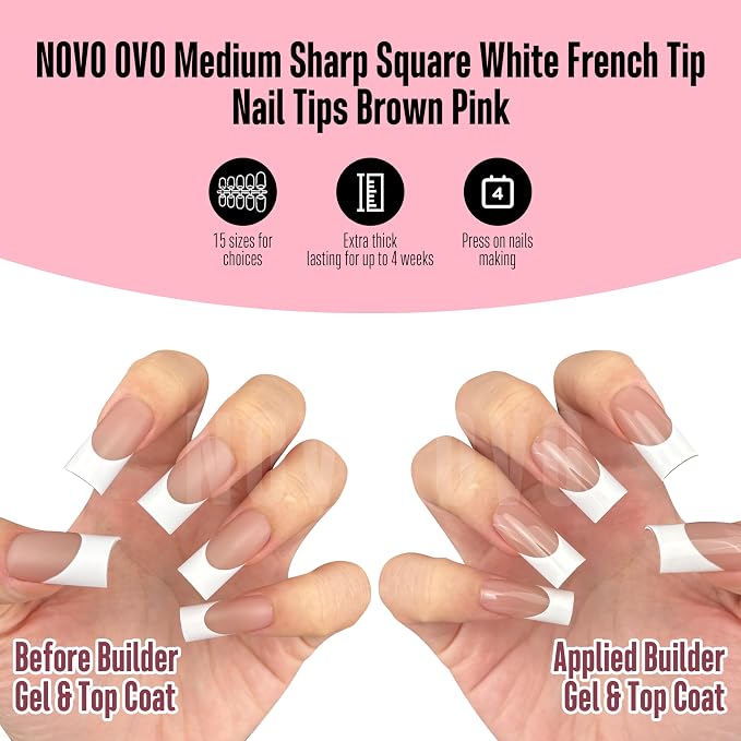 NOVO OVO Medium Sharp Square White French Tip Nail Tips Press on Brown Pink, Extra Thick NEED Builder Gel & Top Coat & Glue, Soft Gel full Cover False Fake Nail Extension for Salon DIYx15 Sizes 180pc