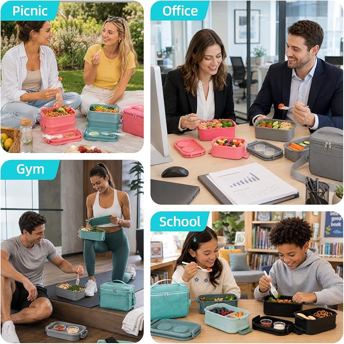 Bento Box Adult Lunch Box - 2130ml Lunchbox for Men Women with Insulated Lunch Bag, Utensils & Sauce Container, Leak Proof Bento Box Reusable Plastic Lunch Containers for Work, Meal Prep, Green
