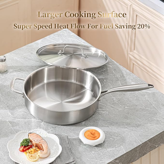 DELARLO 6QT Saute Pan Tri-Ply Stainless Steel Pan 12Inch Deep | Frying Pan with Steel cover, Kitchen Large Skillet ,Heavy Duty Style Compatible With All Cooktops Up to 650℉