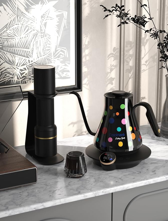 Cocinare Artisan Collection Gooseneck Electric Kettle, ±0.5°F Temperature Control for Pour Over Coffee & Tea, 1500W Fast Heating, Stainless Steel Interior, 0.9L, Confetti Design