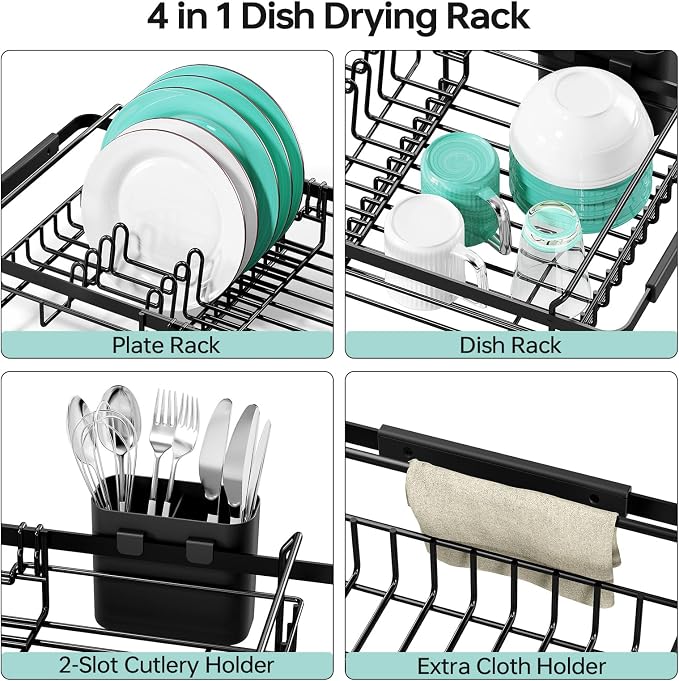 Urackify Expandable in-Sink or Over-Sink Dish Drying Rack, 14.5"-18", Black | Stainless Steel, Fits Most Sinks, Rust-Resistant, Space-Saving, Removable Utensil Holder