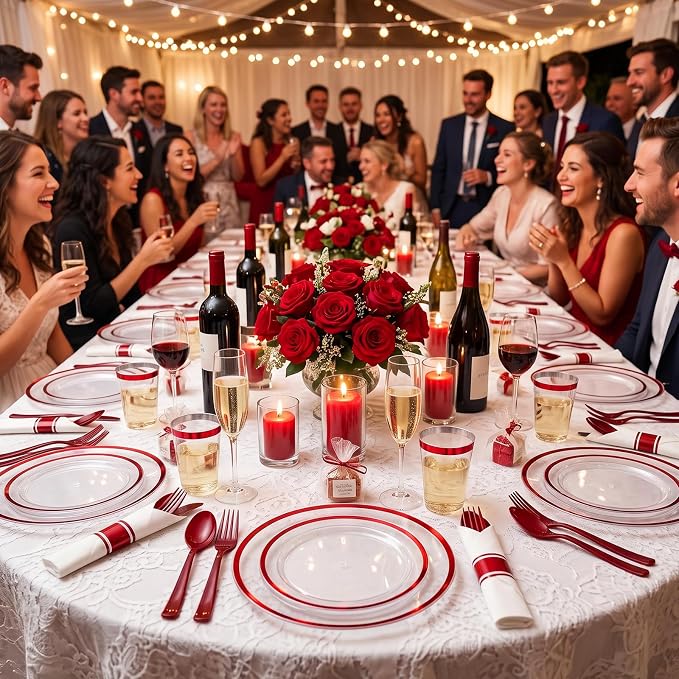 Glowserve 25 Guests 175 PCS Disposable Plastic Plates Clear Dinnerware Sets | 50 Plastic Plates,75 Silverware,25 Plastic Cups,25 Rolled Napkins,for Party Wedding,Red Rimmed Plates