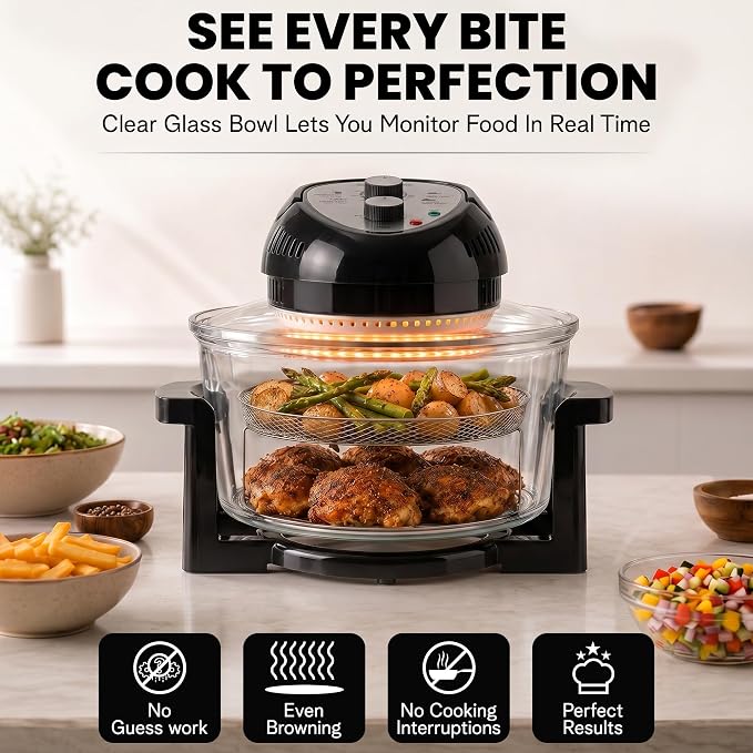 Granitestone 16 Qt Large Glass Air Fryer Non Toxic, Black | PFOA/PTFE/BPA Free, Large Family Sized Airfryer Cooker with 3 Cooking Sections, No Preheat, Self Cleaning, Dishwasher Safe