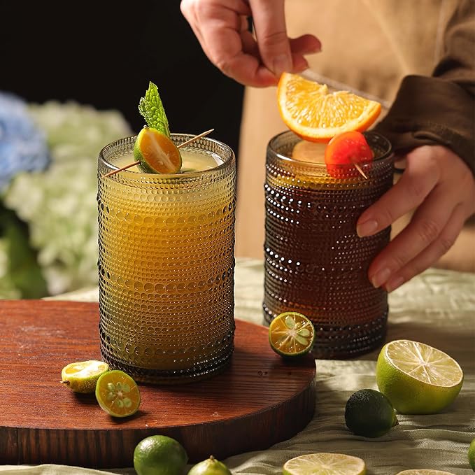 Moretoes 15oz Gray Hobnail Drinking Glasses Set of 6 | Vintage Highball Glass Cups, Kitchen Drinkware Glassware for Beer,Cocktail,Whiskey,Juice and Various Mixed Drinks