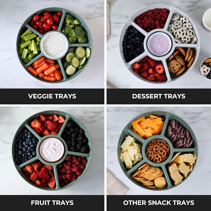 TEGRIWARE Divided Serving Tray with Lid, Fruit Tray, Veggie Tray, Snack Tray, Party Platter for Food Storage & Serving, Made in USA (Sage Green Tray/Clear Lid)