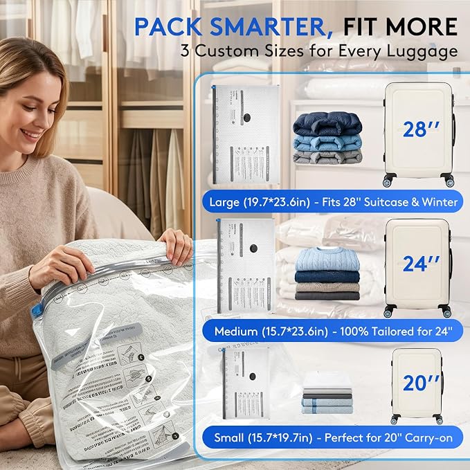 6 Packs Vacuum Bags for Travel with Rechargeable Pump, 3 Sizes Vacuum Seal Bags for Clothing, Compression Vacuum Travel Bags for Luggage, Vacuum Packing Bags for Closet Organization