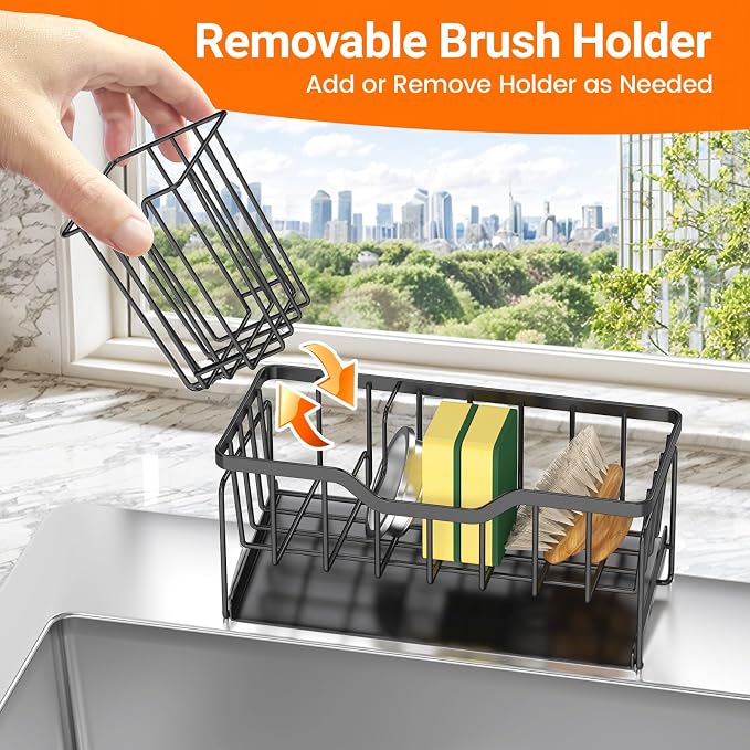 StorageRight Sponge Holder for Kitchen Sink, Stainless Sink Caddy Organizer | Rustproof Kitchen Sink Organizers with High Brush Holder & Self Drain Tray, Anti-Slip Kitchen Countertop Storage Essentials