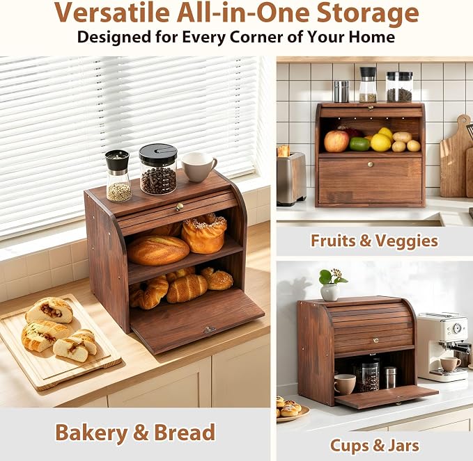 Sunhoo Wooden Bread Box for Kitchen Countertop, Roll Top Breadbox, Brown | Large Double Layer Pantry Container, Solid Wood with Cutting Board, Fresh Homemade Sourdough Bin Cabinet, Vintage Farmhouse