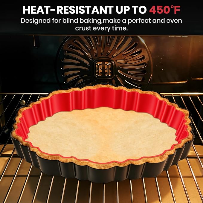 New 9 Inch Tart Pan with Removable Bottom,Non-Stick Carbon Steel Quiche Pan | Includes Crust Shaper Ring | Fluted Pie Pan Quiche Baking Dish Fruit Tart Mold for Baking, Party, Festival | Pies & Quiches