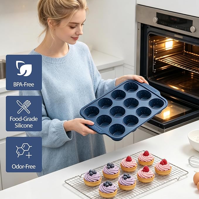 Silicone Muffin Pans for Baking with Metal Reinforced Frame | Nonstick 12-Cup Regular Size Cupcake Tray for Egg Bites, Muffins & Cupcakes, Dishwasher Safe, Titan Blue, Set of 2