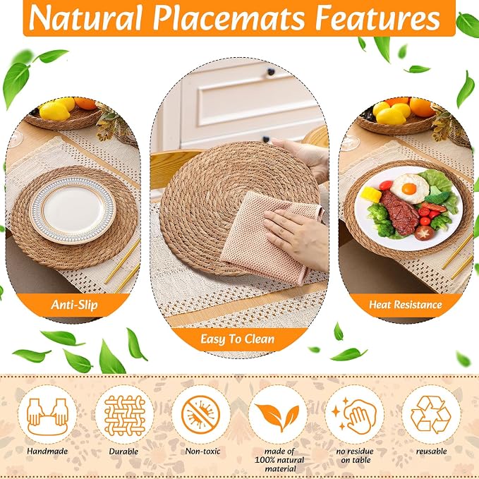 6 Sets Boho Decoration Placemats Round Woven Placemats, Cloth Napkins, Wood Bead Napkin Rings, Long Table Runner and Farmhouse Burlap Cotton for Table Kitchen (White,12x72)