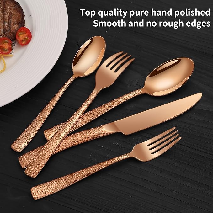 Remoxye 20-Piece Rose Gold Hammered Stainless Steel Flatware Set for 4, Including Fork, Knife, Spoon Set, Home Kitchen Cutlery Sets, Dishwasher Safe