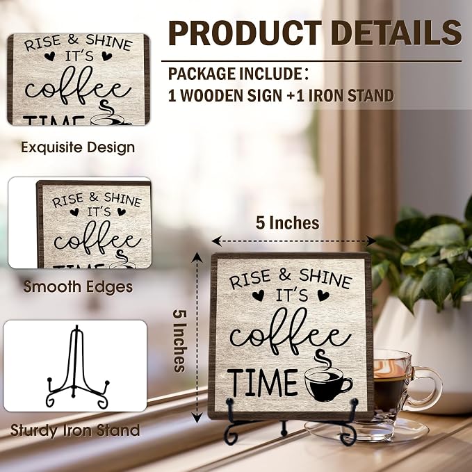 Farmhouse Coffee Bar Decor, 5"x5" Coffee Bar Sign | Rise & Shine It's Coffee Time Wood Plaque with Stand | Minimalism Gift for Home Kitchen Tabletop Desk - A10