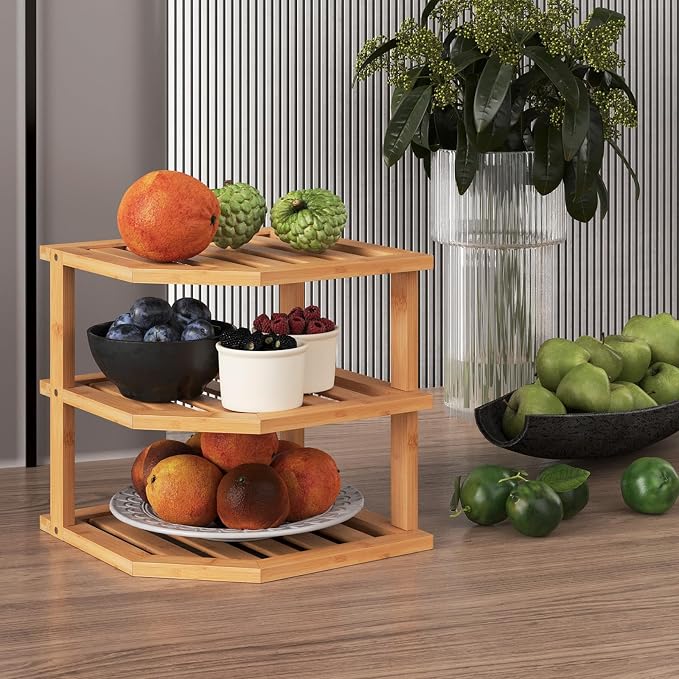 VERTORGAN 3 Tier Bamboo Dish Drying Rack,Corner Shelf 4 Pack(Natural) | Pantry Storage,Dish Rack,Spice Rack,Corner Organizer,Kitchen Counter Shelves,Kitchen Storage,Holds Plates