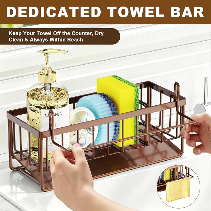 Slanted Sponge Holder for Kitchen Sink, Stainless Steel Sink Caddy Multi Sponge Holder, Small 9.65" × 3.74" × 6.3" Organizer for Apartment, Dorm, RV, Small Kitchen Countertop (Brown)