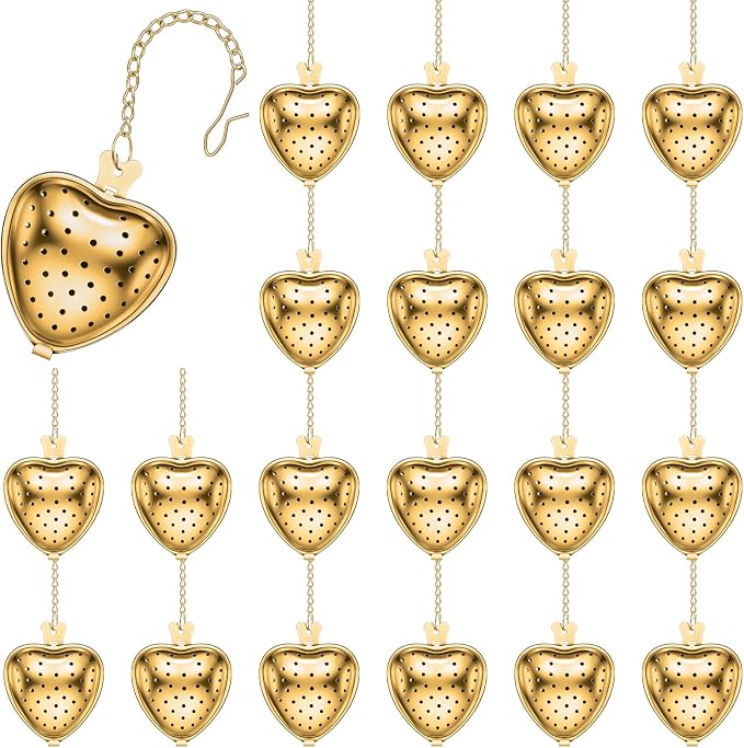 Sumind 25 Pcs Heart Tea Strainer Stainless Steel Ball Infuser Loose Leaf Steeper Interval Diffuser Mesh Filters with Extended Chain Hook for Cup Bottle Tea Party Wedding Bridal Shower(Gold)