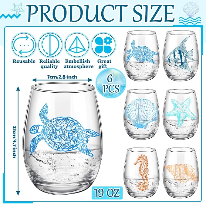 6 Pcs Coastal Wine Glasses 19 oz Beach Stemless Wine Glasses for Ocean Beach Lovers Gifts Sea Turtle Drinking Glassware for Summer Birthday Wedding Apartment Kitchen Bar Christmas Women Men