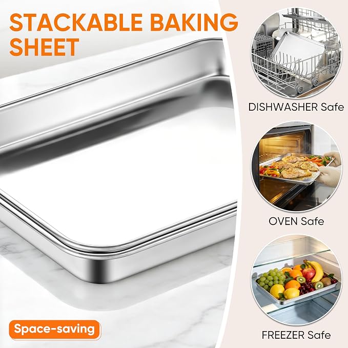 LIANYU Cookie Sheets for Baking, Jelly Roll Pan for Oven, 16x12 Inch, 2PCS | Stainless Steel Baking Tray Pan, Healthy Metal Tray for Home Bakery Hotel Restaurant, Heavy Duty, Dishwasher Safe, No Coating