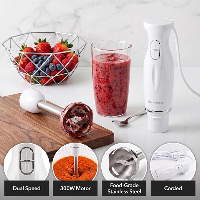 OVENTE Electric Corded Hand Blender, 300W with 2 Mixing Speeds White HS560W | Handheld Immersion Stick Mixer with Stainless Steel Blades for Smoothies, Purees & Baby Food