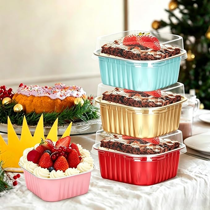 60Pack 5oz Mixcolor Mini Cake Pans with Lids Baking Cups Aluminum Foil Pans Tins, Individual Dessert Cups Containers for Sales,Party,Picnics