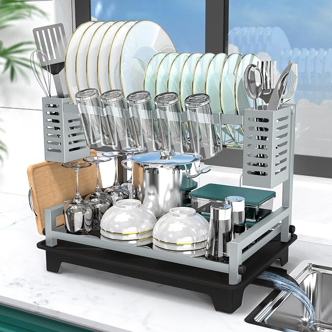 Dish Drying Rack, Rust-Proof 2 Tier Dish Racks for Kitchen Counter | Large Dish Drying Rack with Drainboard & Utensil Holders, Dish Drainers,Kitchen Organization