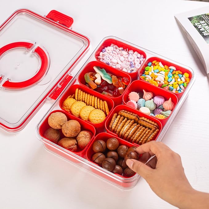 Dingerjar Divided Serving Tray with Lid and Handle - Snackle Box Charcuterie Container for Portable Snack Platters Organizer for Candy, Fruits, Nuts, Snacks - Perfect for Party, Entertaining, Red