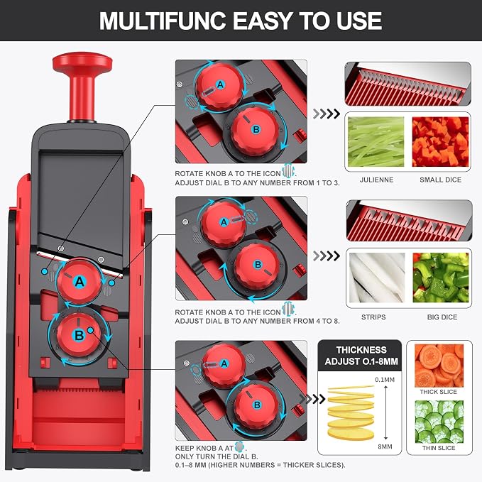 SupMaKin Safe Mandoline Slicer for Kitchen,Pptato Slicer, Vegetable Onion Chopper, French Fry Cutter, Adjustable Thickness, Julienne & Dicer Salad Chopping Artifact (4V RED)