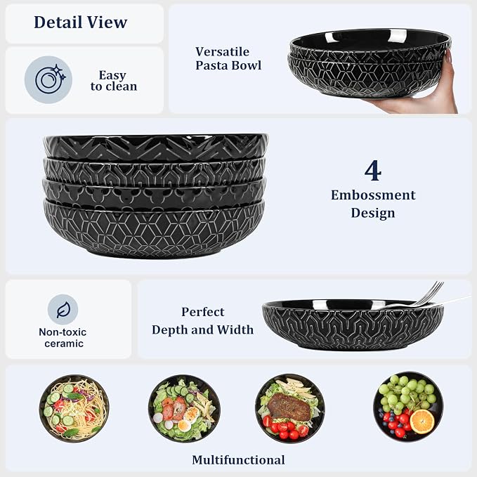 Sureasy Pasta Bowls Set of 4, 30oz Large Embossed Salad Bowls, 8.5 Inch Wide and Shallow Plate Bowls, Salad Bowl, Microwave, Oven & Dishwasher Safe, Black