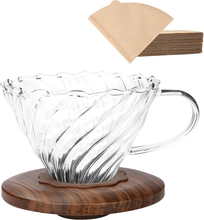 Lalord Pour Over Coffee Dripper, Borosilicate Glass with Walnut Collar, Includes 100 Size 02 Paper Filters, Drip Coffee Maker for 1-3 Cups, Clear
