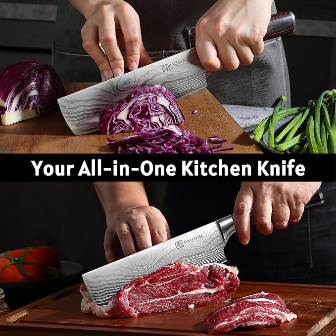 PAUDIN Nakiri Knife - 7" Razor Sharp Meat Cleaver and Vegetable Kitchen Knife, High Carbon Stainless Steel, Multipurpose Asian Chef Knife for Home and Kitchen with Ergonomic Handle